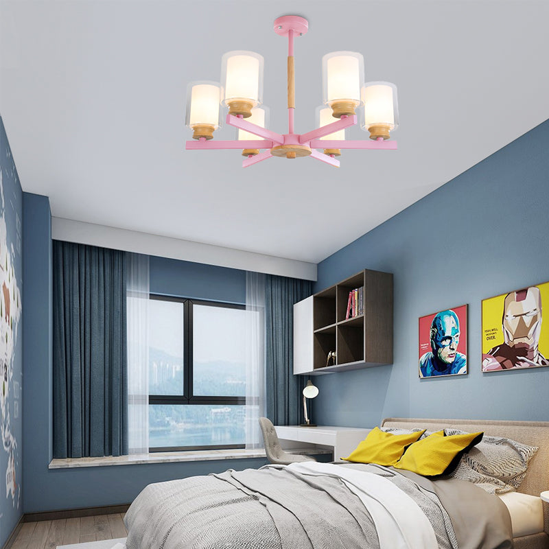 Cylindrical Shade Suspension Light Macaron Style Metallic Chandelier for Kid Bedroom 6 Pink Clearhalo 'Ceiling Lights' 'Chandeliers' 'Glass shade' 'Glass' 'Pendant Lights' Lighting' 55590