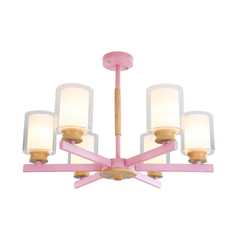 Cylindrical Shade Suspension Light Macaron Style Metallic Chandelier for Kid Bedroom Clearhalo 'Ceiling Lights' 'Chandeliers' 'Glass shade' 'Glass' 'Pendant Lights' Lighting' 55591