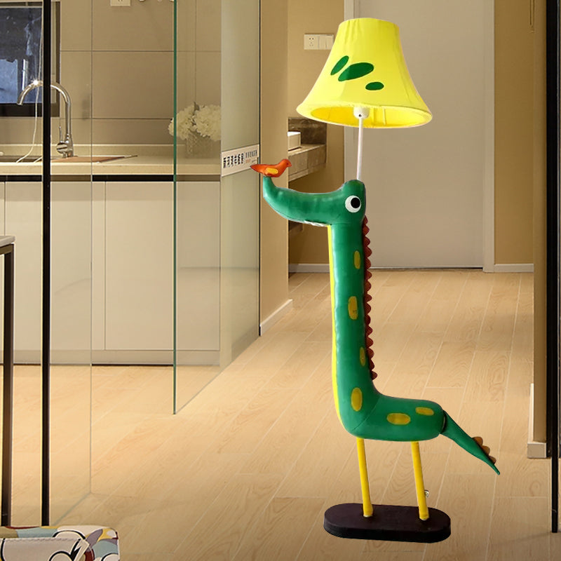 Green Dinosaur Floor Lamp with Yellow Shade 1 Head Cartoon Fabric Floor Light for Kid Bedroom Clearhalo 'Floor Lamps' 'Lamps' Lighting' 559159