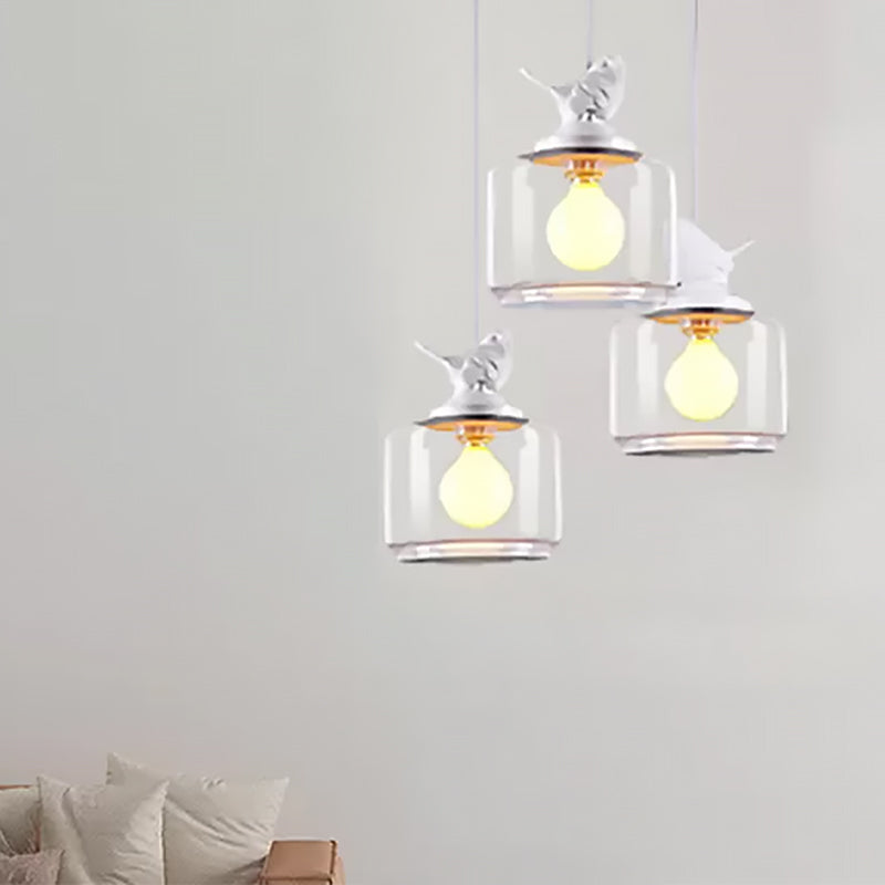 Modern Drum Hanging Lamp with Bird Deco Clear Glass White Ceiling Light for Living Room Clearhalo 'Ceiling Lights' 'Close To Ceiling Lights' 'Glass shade' 'Glass' 'Pendant Lights' 'Pendants' Lighting' 559170