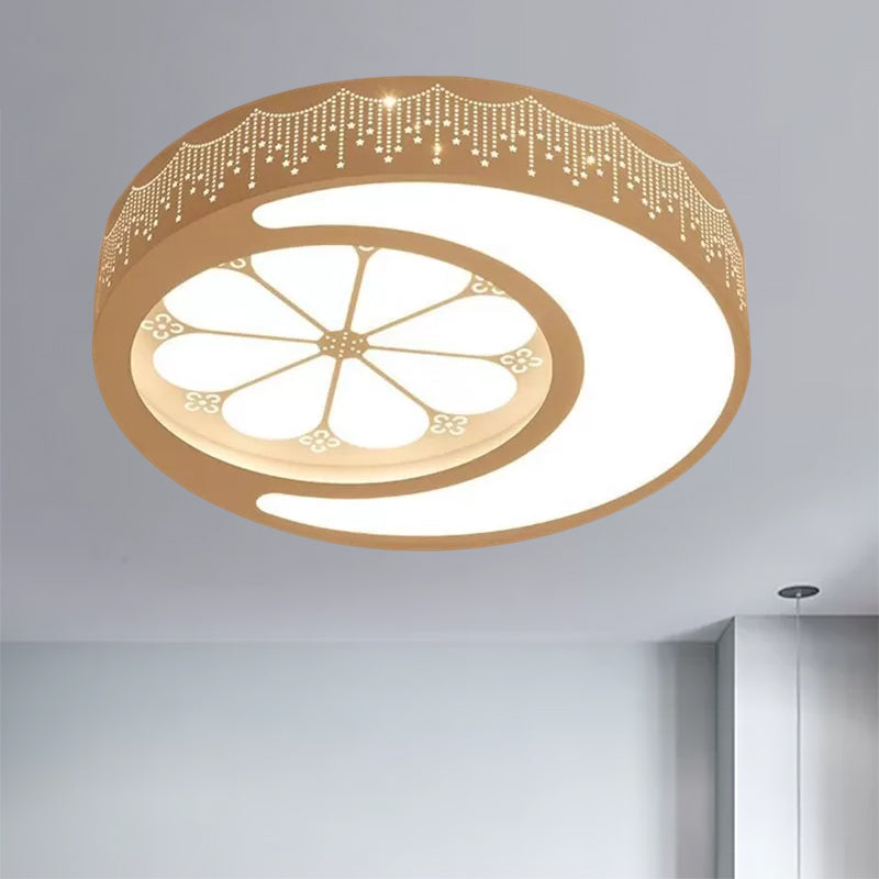 Circular LED Flush Mount Light with Crescent and Flower Kids Metallic Ceiling Lamp for Girl Bedroom Clearhalo 'Ceiling Lights' 'Close To Ceiling Lights' 'Close to ceiling' 'Flush mount' Lighting' 559196
