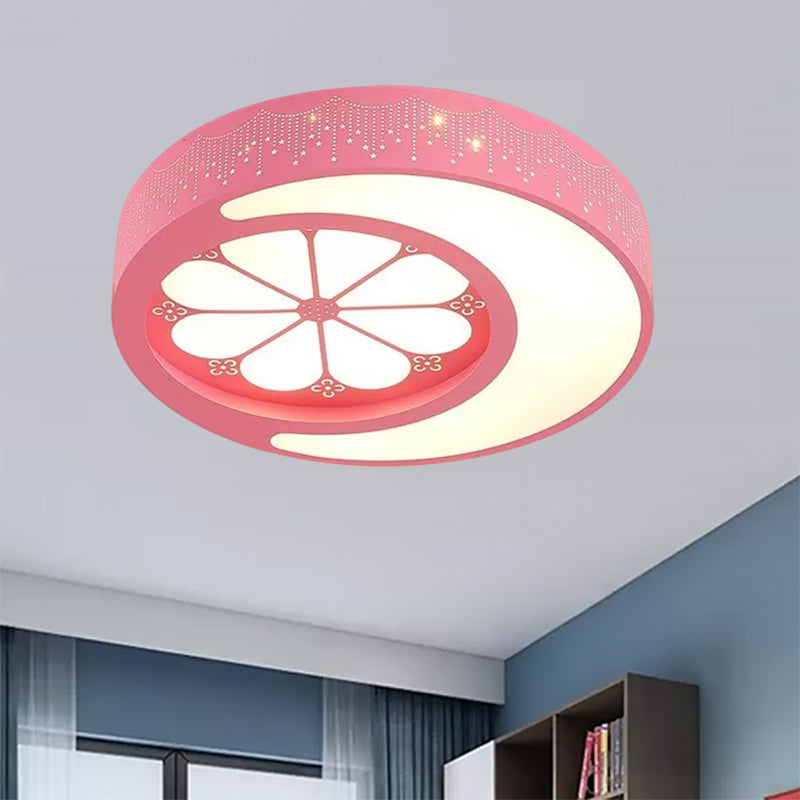 Circular LED Flush Mount Light with Crescent and Flower Kids Metallic Ceiling Lamp for Girl Bedroom Clearhalo 'Ceiling Lights' 'Close To Ceiling Lights' 'Close to ceiling' 'Flush mount' Lighting' 559197