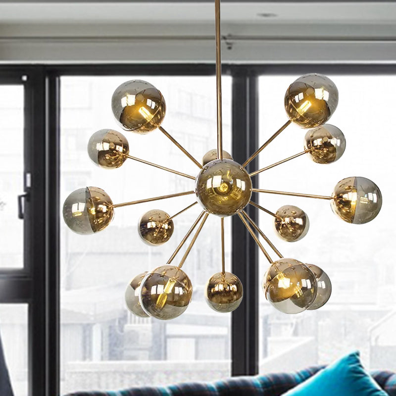 Globe Dining Room Semi Flush Mount White/Clear/Smoke Grey Glass 9/12/15 Lights Contemporary Semi Flush Light in Copper/Chrome/Gold 15 Gold Smoke Grey Clearhalo 'Ceiling Lights' 'Close To Ceiling Lights' 'Close to ceiling' 'Glass shade' 'Glass' 'Semi-flushmount' Lighting' 559370