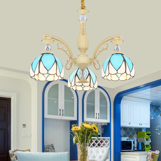 Dome Chandelier Lamp Tiffany Style 3/6/9 Lights Sky Blue Down Lighting Pendant for Bedroom 3 Sky Blue Clearhalo 'Ceiling Lights' 'Chandeliers' 'Industrial' 'Middle Century Chandeliers' 'Pendant Lights' 'Tiffany Chandeliers' 'Tiffany close to ceiling' 'Tiffany' Lighting' 559428