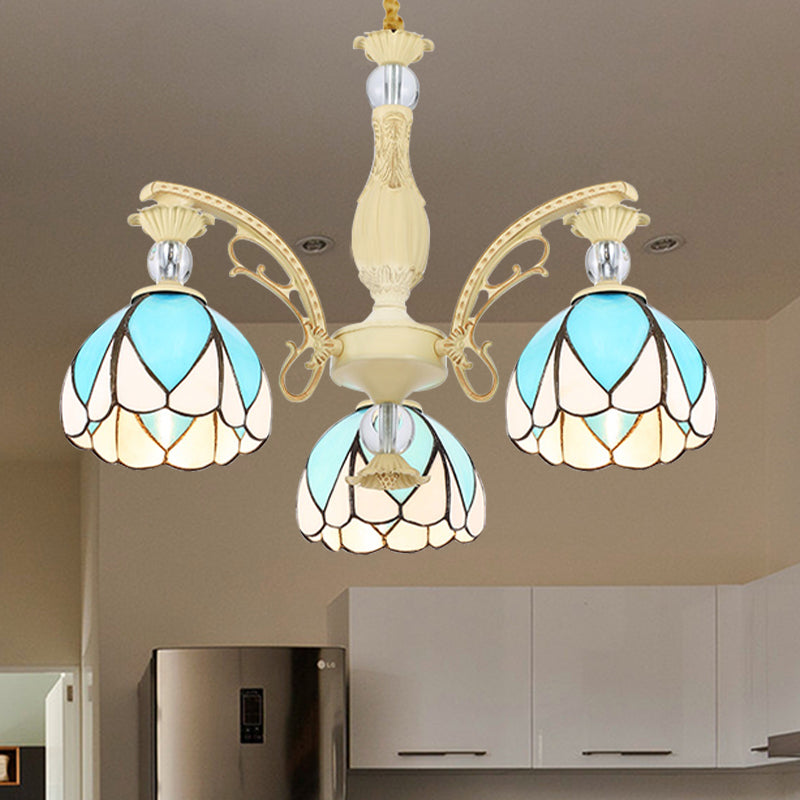 Dome Chandelier Lamp Tiffany Style 3/6/9 Lights Sky Blue Down Lighting Pendant for Bedroom Clearhalo 'Ceiling Lights' 'Chandeliers' 'Industrial' 'Middle Century Chandeliers' 'Pendant Lights' 'Tiffany Chandeliers' 'Tiffany close to ceiling' 'Tiffany' Lighting' 559429