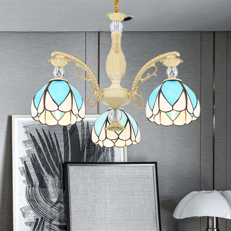 Dome Chandelier Lamp Tiffany Style 3/6/9 Lights Sky Blue Down Lighting Pendant for Bedroom Clearhalo 'Ceiling Lights' 'Chandeliers' 'Industrial' 'Middle Century Chandeliers' 'Pendant Lights' 'Tiffany Chandeliers' 'Tiffany close to ceiling' 'Tiffany' Lighting' 559430