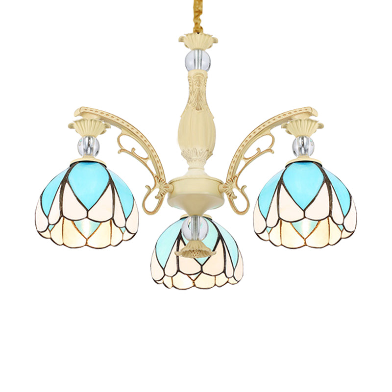 Dome Chandelier Lamp Tiffany Style 3/6/9 Lights Sky Blue Down Lighting Pendant for Bedroom Clearhalo 'Ceiling Lights' 'Chandeliers' 'Industrial' 'Middle Century Chandeliers' 'Pendant Lights' 'Tiffany Chandeliers' 'Tiffany close to ceiling' 'Tiffany' Lighting' 559431