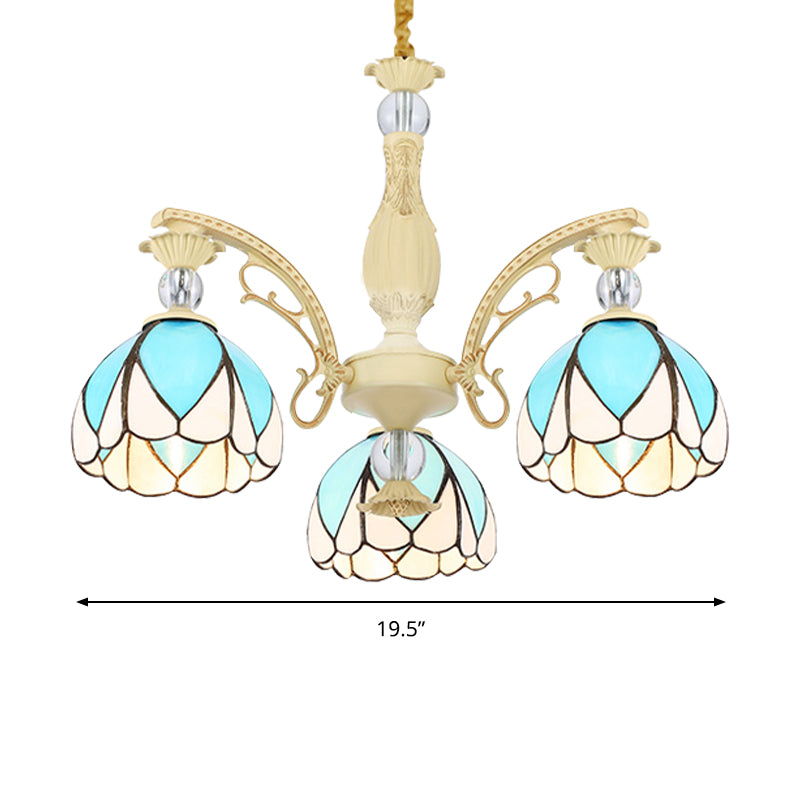 Dome Chandelier Lamp Tiffany Style 3/6/9 Lights Sky Blue Down Lighting Pendant for Bedroom Clearhalo 'Ceiling Lights' 'Chandeliers' 'Industrial' 'Middle Century Chandeliers' 'Pendant Lights' 'Tiffany Chandeliers' 'Tiffany close to ceiling' 'Tiffany' Lighting' 559432