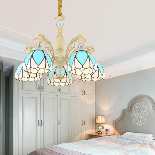 Dome Chandelier Lamp Tiffany Style 3/6/9 Lights Sky Blue Down Lighting Pendant for Bedroom 5 Sky Blue Clearhalo 'Ceiling Lights' 'Chandeliers' 'Industrial' 'Middle Century Chandeliers' 'Pendant Lights' 'Tiffany Chandeliers' 'Tiffany close to ceiling' 'Tiffany' Lighting' 559433