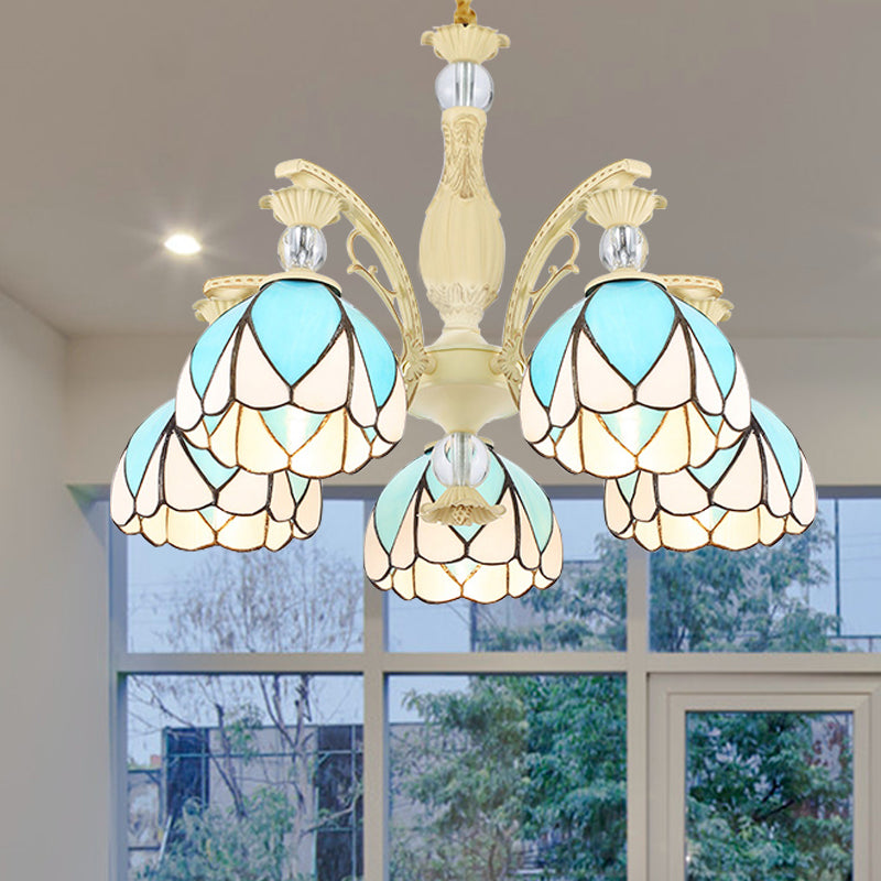 Dome Chandelier Lamp Tiffany Style 3/6/9 Lights Sky Blue Down Lighting Pendant for Bedroom Clearhalo 'Ceiling Lights' 'Chandeliers' 'Industrial' 'Middle Century Chandeliers' 'Pendant Lights' 'Tiffany Chandeliers' 'Tiffany close to ceiling' 'Tiffany' Lighting' 559434