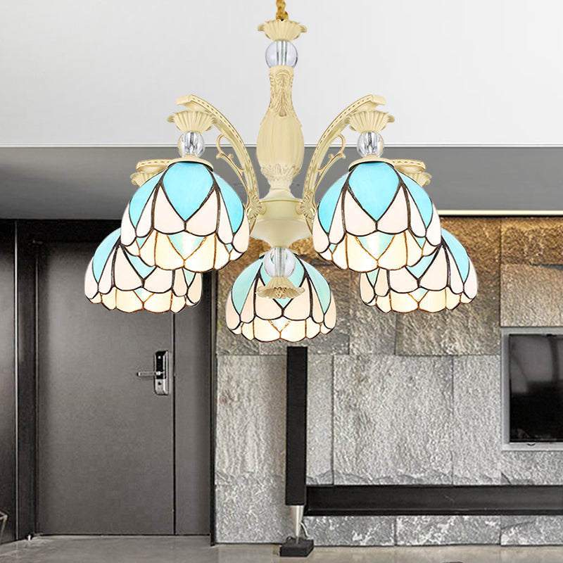 Dome Chandelier Lamp Tiffany Style 3/6/9 Lights Sky Blue Down Lighting Pendant for Bedroom Clearhalo 'Ceiling Lights' 'Chandeliers' 'Industrial' 'Middle Century Chandeliers' 'Pendant Lights' 'Tiffany Chandeliers' 'Tiffany close to ceiling' 'Tiffany' Lighting' 559435