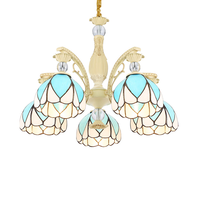 Dome Chandelier Lamp Tiffany Style 3/6/9 Lights Sky Blue Down Lighting Pendant for Bedroom Clearhalo 'Ceiling Lights' 'Chandeliers' 'Industrial' 'Middle Century Chandeliers' 'Pendant Lights' 'Tiffany Chandeliers' 'Tiffany close to ceiling' 'Tiffany' Lighting' 559436
