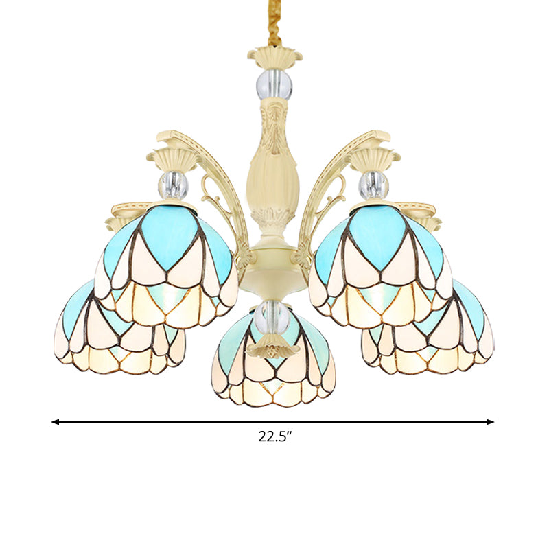 Dome Chandelier Lamp Tiffany Style 3/6/9 Lights Sky Blue Down Lighting Pendant for Bedroom Clearhalo 'Ceiling Lights' 'Chandeliers' 'Industrial' 'Middle Century Chandeliers' 'Pendant Lights' 'Tiffany Chandeliers' 'Tiffany close to ceiling' 'Tiffany' Lighting' 559437