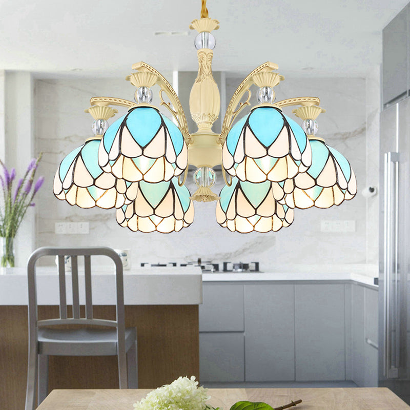 Dome Chandelier Lamp Tiffany Style 3/6/9 Lights Sky Blue Down Lighting Pendant for Bedroom 6 Sky Blue Clearhalo 'Ceiling Lights' 'Chandeliers' 'Industrial' 'Middle Century Chandeliers' 'Pendant Lights' 'Tiffany Chandeliers' 'Tiffany close to ceiling' 'Tiffany' Lighting' 559438
