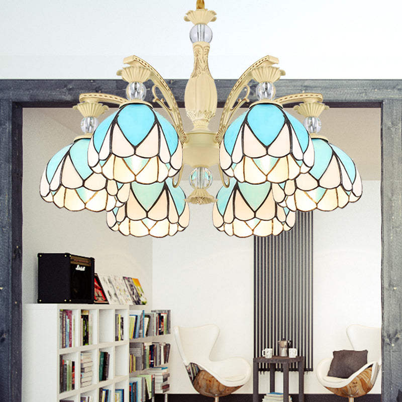 Dome Chandelier Lamp Tiffany Style 3/6/9 Lights Sky Blue Down Lighting Pendant for Bedroom Clearhalo 'Ceiling Lights' 'Chandeliers' 'Industrial' 'Middle Century Chandeliers' 'Pendant Lights' 'Tiffany Chandeliers' 'Tiffany close to ceiling' 'Tiffany' Lighting' 559439