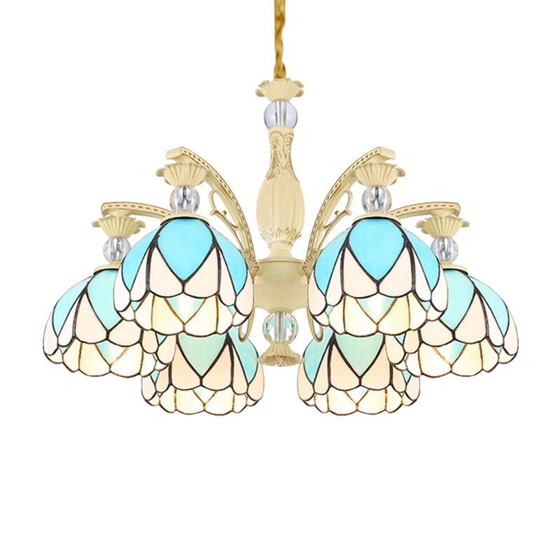 Dome Chandelier Lamp Tiffany Style 3/6/9 Lights Sky Blue Down Lighting Pendant for Bedroom Clearhalo 'Ceiling Lights' 'Chandeliers' 'Industrial' 'Middle Century Chandeliers' 'Pendant Lights' 'Tiffany Chandeliers' 'Tiffany close to ceiling' 'Tiffany' Lighting' 559440