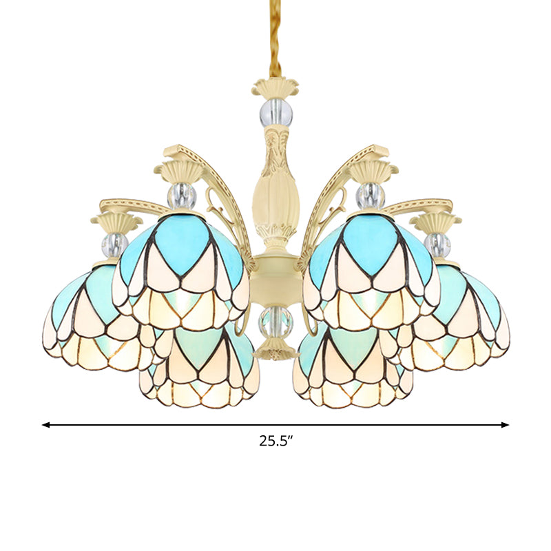 Dome Chandelier Lamp Tiffany Style 3/6/9 Lights Sky Blue Down Lighting Pendant for Bedroom Clearhalo 'Ceiling Lights' 'Chandeliers' 'Industrial' 'Middle Century Chandeliers' 'Pendant Lights' 'Tiffany Chandeliers' 'Tiffany close to ceiling' 'Tiffany' Lighting' 559441