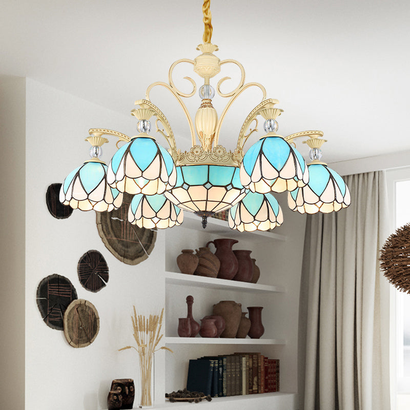 Dome Chandelier Lamp Tiffany Style 3/6/9 Lights Sky Blue Down Lighting Pendant for Bedroom 9 Sky Blue Clearhalo 'Ceiling Lights' 'Chandeliers' 'Industrial' 'Middle Century Chandeliers' 'Pendant Lights' 'Tiffany Chandeliers' 'Tiffany close to ceiling' 'Tiffany' Lighting' 559442
