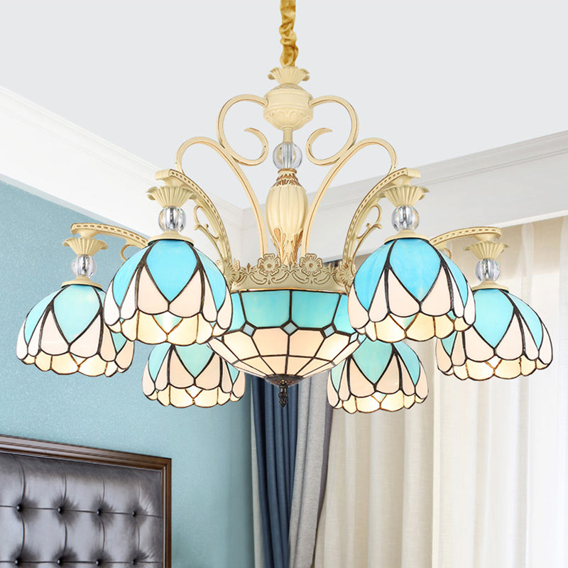 Dome Chandelier Lamp Tiffany Style 3/6/9 Lights Sky Blue Down Lighting Pendant for Bedroom Clearhalo 'Ceiling Lights' 'Chandeliers' 'Industrial' 'Middle Century Chandeliers' 'Pendant Lights' 'Tiffany Chandeliers' 'Tiffany close to ceiling' 'Tiffany' Lighting' 559443