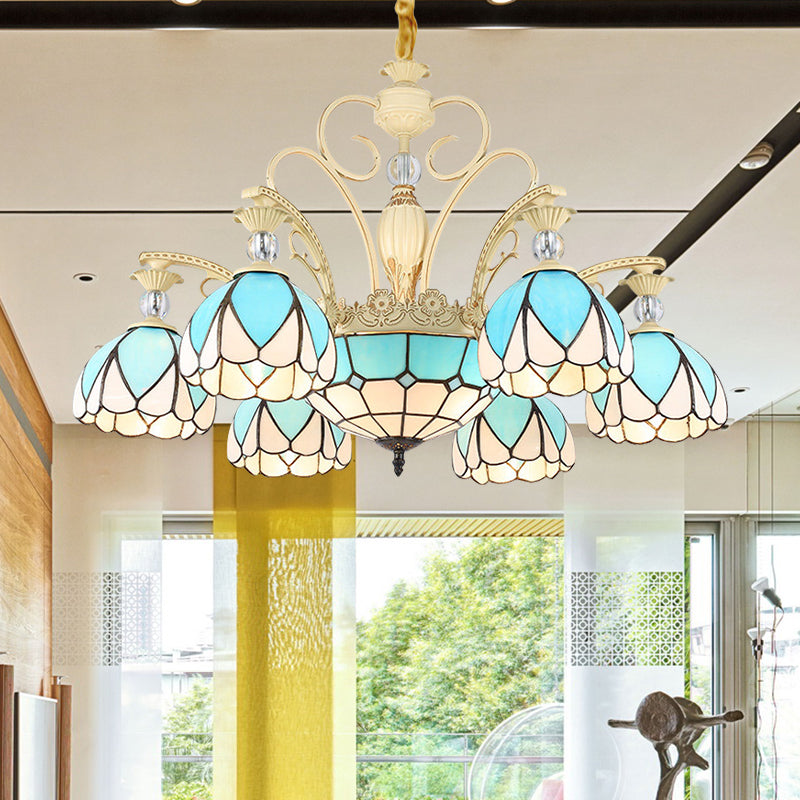 Dome Chandelier Lamp Tiffany Style 3/6/9 Lights Sky Blue Down Lighting Pendant for Bedroom Clearhalo 'Ceiling Lights' 'Chandeliers' 'Industrial' 'Middle Century Chandeliers' 'Pendant Lights' 'Tiffany Chandeliers' 'Tiffany close to ceiling' 'Tiffany' Lighting' 559444
