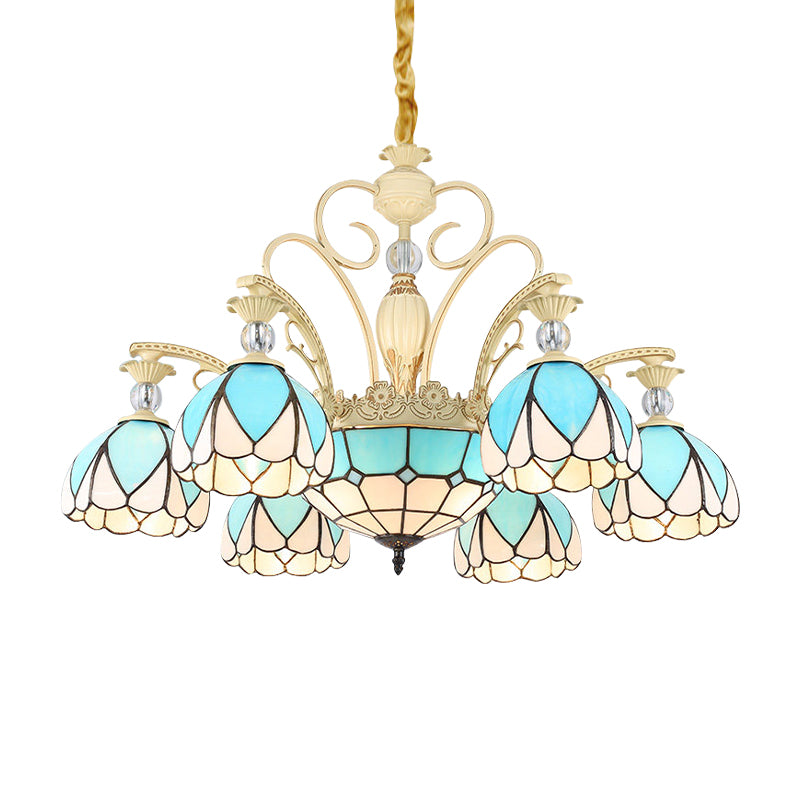 Dome Chandelier Lamp Tiffany Style 3/6/9 Lights Sky Blue Down Lighting Pendant for Bedroom Clearhalo 'Ceiling Lights' 'Chandeliers' 'Industrial' 'Middle Century Chandeliers' 'Pendant Lights' 'Tiffany Chandeliers' 'Tiffany close to ceiling' 'Tiffany' Lighting' 559445