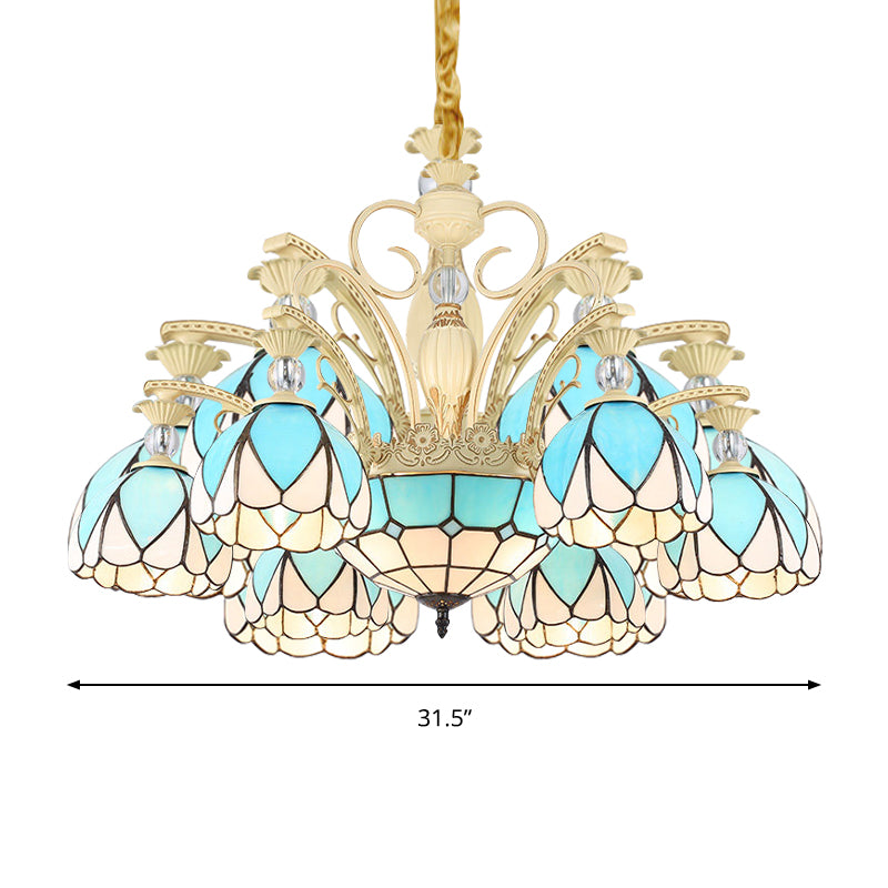 Dome Chandelier Lamp Tiffany Style 3/6/9 Lights Sky Blue Down Lighting Pendant for Bedroom Clearhalo 'Ceiling Lights' 'Chandeliers' 'Industrial' 'Middle Century Chandeliers' 'Pendant Lights' 'Tiffany Chandeliers' 'Tiffany close to ceiling' 'Tiffany' Lighting' 559446