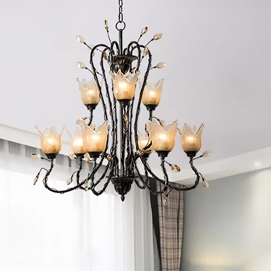 Black 9 Lights Chandelier Light Fixture Country Amber Glass Flower Shaped Pendant Lamp for Dining Room Clearhalo 'Ceiling Lights' 'Chandeliers' 'Glass shade' 'Glass' Lighting' 559464