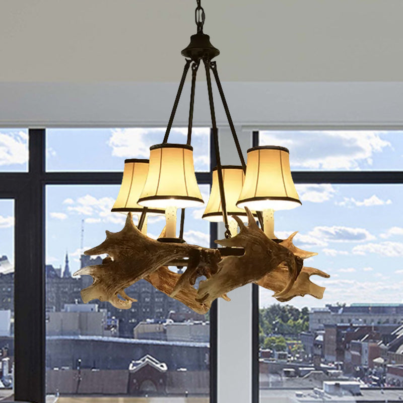 Tapered Dining Room Ceiling Chandelier Rustic Resin 4 Lights Beige Hanging Fixture with Fabric Shade Clearhalo 'Ceiling Lights' 'Chandeliers' Lighting' options 559468