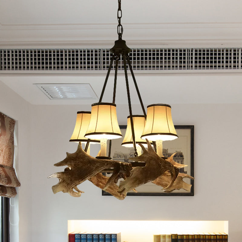 Tapered Dining Room Ceiling Chandelier Rustic Resin 4 Lights Beige Hanging Fixture with Fabric Shade Clearhalo 'Ceiling Lights' 'Chandeliers' Lighting' options 559469