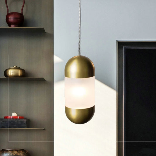 Modern 1 Bulb Pendant Lighting Brass Pill Hanging Ceiling Light with Frosted Glass Shade Clearhalo 'Ceiling Lights' 'Chandeliers' 'Glass shade' 'Glass' 'Modern Pendants' 'Modern' 'Pendant Lights' 'Pendants' Lighting' 559484