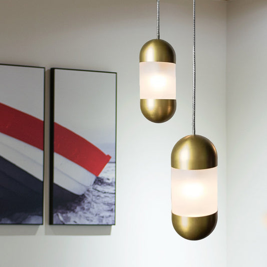 Modern 1 Bulb Pendant Lighting Brass Pill Hanging Ceiling Light with Frosted Glass Shade Clearhalo 'Ceiling Lights' 'Chandeliers' 'Glass shade' 'Glass' 'Modern Pendants' 'Modern' 'Pendant Lights' 'Pendants' Lighting' 559485