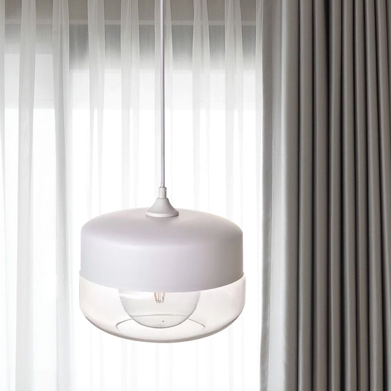 1 Head Bedroom Pendant Light Modern White Ceiling Suspension Lamp with Round Clear Glass Shade Clearhalo 'Ceiling Lights' 'Chandeliers' 'Glass shade' 'Glass' 'Modern Pendants' 'Modern' 'Pendant Lights' 'Pendants' Lighting' 559505