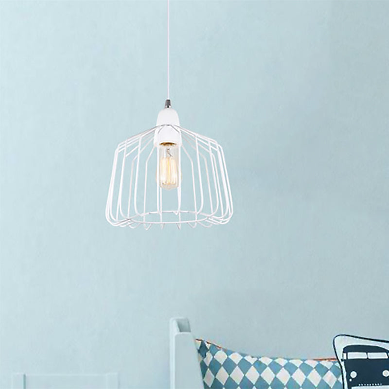 Minimalist Cage Shade Metallic Pendulum Light 1 Light Hanging Lamp Kit in White for Bedroom Clearhalo 'Ceiling Lights' 'Modern Pendants' 'Modern' 'Pendant Lights' 'Pendants' Lighting' 559533