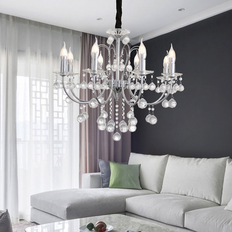 Contemporary Candle Chandelier Lamp with Clear Crystal Ball 5/8 Lights Pendant Lighting in Chrome Clearhalo 'Ceiling Lights' 'Chandeliers' 'Modern Chandeliers' 'Modern' Lighting' 559554