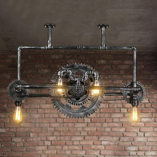 Silver Gray Open Island Light Fixture Coastal Metal 6-Light Dining Room Hanging Lamp with Gear Design Clearhalo 'Ceiling Lights' 'Island Lights' Lighting' 559568