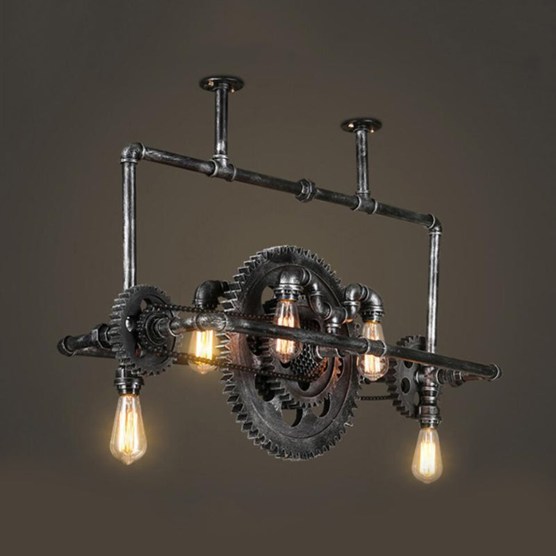 Silver Gray Open Island Light Fixture Coastal Metal 6-Light Dining Room Hanging Lamp with Gear Design Clearhalo 'Ceiling Lights' 'Island Lights' Lighting' 559570