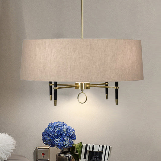 Cylinder Dining Room Pendant Chandelier Classic Fabric 4 Lights Flaxen Hanging Fixture Clearhalo 'Ceiling Lights' 'Chandeliers' Lighting' options 559629