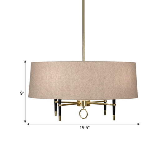 Cylinder Dining Room Pendant Chandelier Classic Fabric 4 Lights Flaxen Hanging Fixture Clearhalo 'Ceiling Lights' 'Chandeliers' Lighting' options 559632