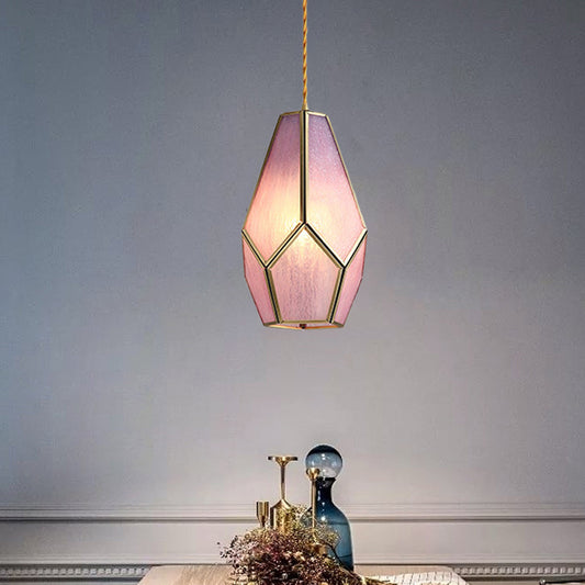 Vintage Gem Hanging Lamp Pink Textured Glass Shade 1 Bulb Brass Drop Pendant Light Pink Clearhalo 'Ceiling Lights' 'Glass shade' 'Glass' 'Modern Pendants' 'Modern' 'Pendant Lights' 'Pendants' Lighting' 559704
