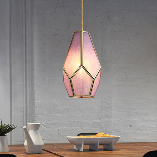 Vintage Gem Hanging Lamp Pink Textured Glass Shade 1 Bulb Brass Drop Pendant Light Clearhalo 'Ceiling Lights' 'Glass shade' 'Glass' 'Modern Pendants' 'Modern' 'Pendant Lights' 'Pendants' Lighting' 559705