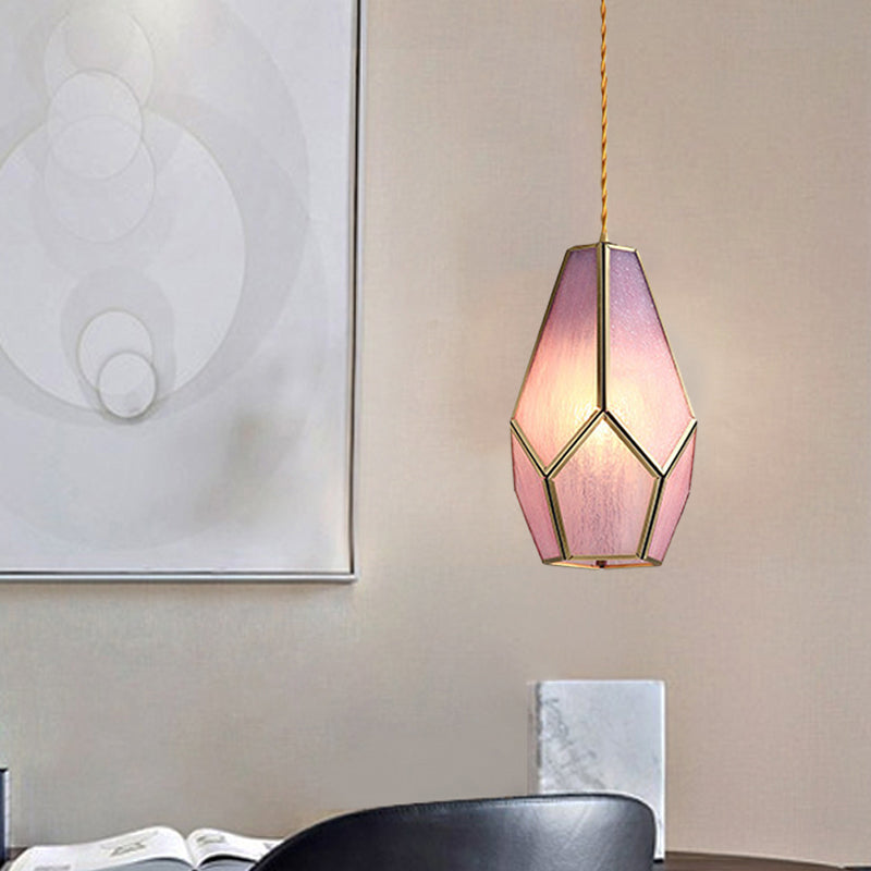 Vintage Gem Hanging Lamp Pink Textured Glass Shade 1 Bulb Brass Drop Pendant Light Clearhalo 'Ceiling Lights' 'Glass shade' 'Glass' 'Modern Pendants' 'Modern' 'Pendant Lights' 'Pendants' Lighting' 559706