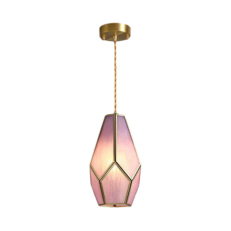 Vintage Gem Hanging Lamp Pink Textured Glass Shade 1 Bulb Brass Drop Pendant Light Clearhalo 'Ceiling Lights' 'Glass shade' 'Glass' 'Modern Pendants' 'Modern' 'Pendant Lights' 'Pendants' Lighting' 559707