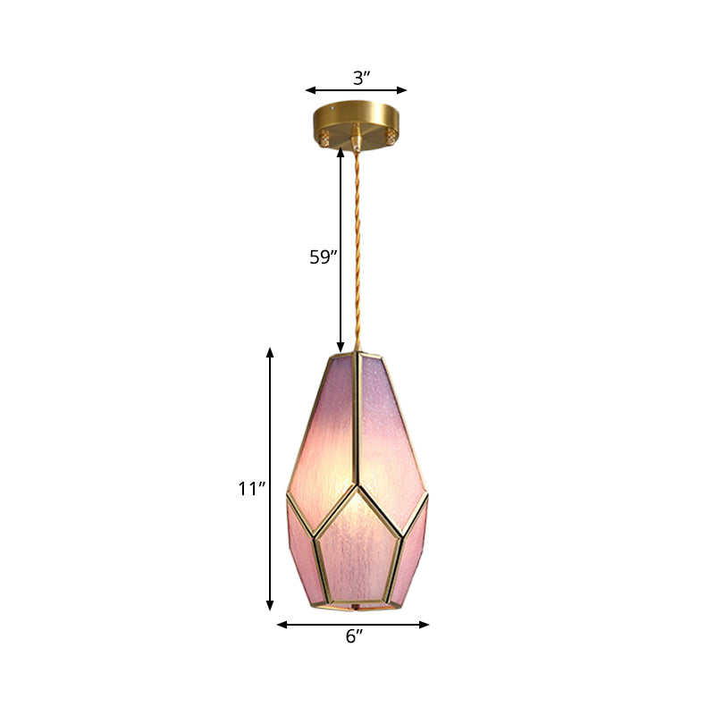 Vintage Gem Hanging Lamp Pink Textured Glass Shade 1 Bulb Brass Drop Pendant Light Clearhalo 'Ceiling Lights' 'Glass shade' 'Glass' 'Modern Pendants' 'Modern' 'Pendant Lights' 'Pendants' Lighting' 559708