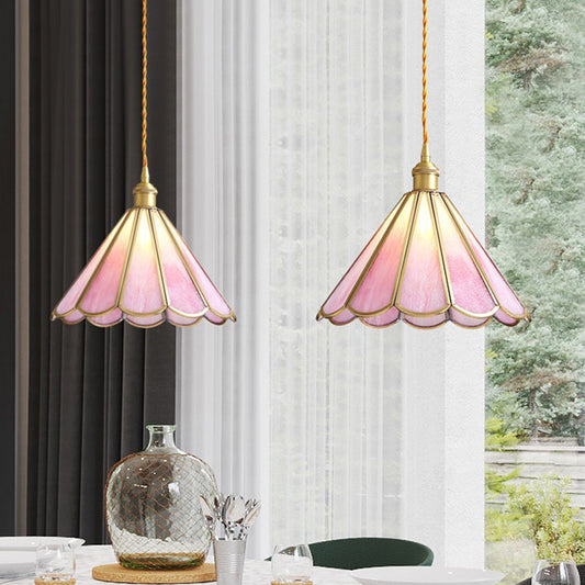 Single Dining Room Pendant Lighting Modern Romantic Brass Cord Hanging Lamp Kit with Floral Rippled Glass Shade Clearhalo 'Ceiling Lights' 'Glass shade' 'Glass' 'Modern Pendants' 'Modern' 'Pendant Lights' 'Pendants' Lighting' 559710
