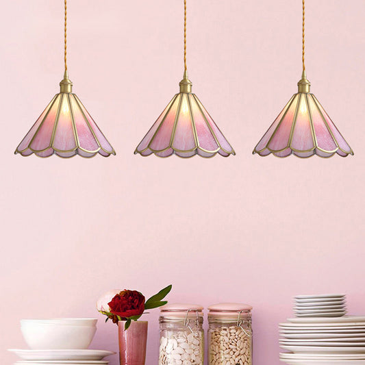 Single Dining Room Pendant Lighting Modern Romantic Brass Cord Hanging Lamp Kit with Floral Rippled Glass Shade Clearhalo 'Ceiling Lights' 'Glass shade' 'Glass' 'Modern Pendants' 'Modern' 'Pendant Lights' 'Pendants' Lighting' 559711