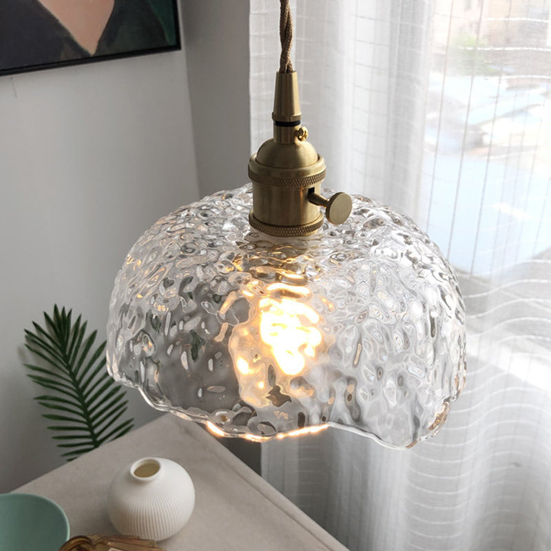 Translucent Hammered Glass Bowled Pendant Modernity Single-Bulb Brass Hanging Lighting Fixture Clear Clearhalo 'Ceiling Lights' 'Glass shade' 'Glass' 'Modern Pendants' 'Modern' 'Pendant Lights' 'Pendants' Lighting' 559719