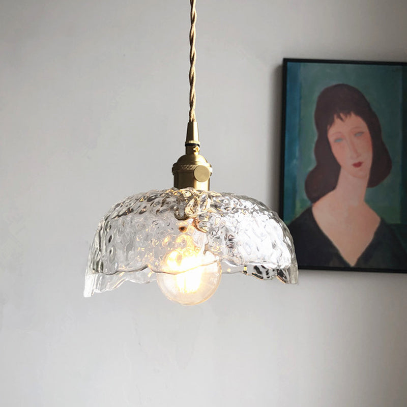 Translucent Hammered Glass Bowled Pendant Modernity Single-Bulb Brass Hanging Lighting Fixture Clearhalo 'Ceiling Lights' 'Glass shade' 'Glass' 'Modern Pendants' 'Modern' 'Pendant Lights' 'Pendants' Lighting' 559720