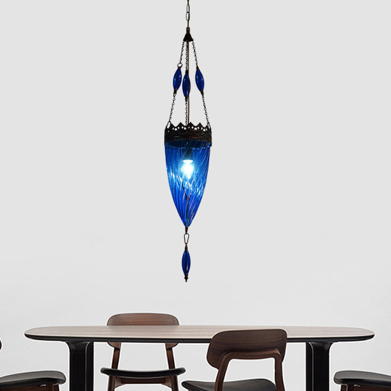 Mid Century Conical Hanging Lamp Blue Cyclone Glass Bedroom Suspension Pendant Light with Copper Top Blue Clearhalo 'Ceiling Lights' 'Glass shade' 'Glass' 'Modern Pendants' 'Modern' 'Pendant Lights' 'Pendants' Lighting' 559724