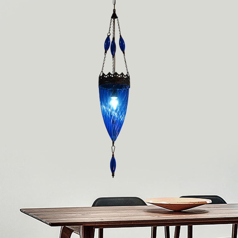 Mid Century Conical Hanging Lamp Blue Cyclone Glass Bedroom Suspension Pendant Light with Copper Top Clearhalo 'Ceiling Lights' 'Glass shade' 'Glass' 'Modern Pendants' 'Modern' 'Pendant Lights' 'Pendants' Lighting' 559725