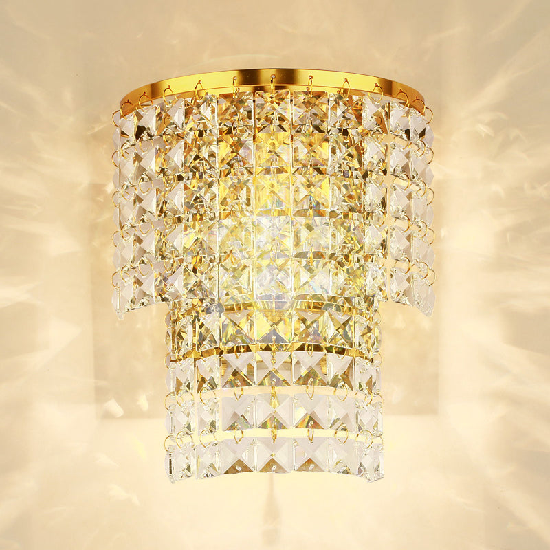Double Layered Wall Sconce Light Vintage Style Clear Crystal 1 Light Chrome/Gold Wall Mount Lamp with Square Shape, 7"/10" W Clearhalo 'Modern wall lights' 'Modern' 'Wall Lamps & Sconces' 'Wall Lights' Lighting' 559817